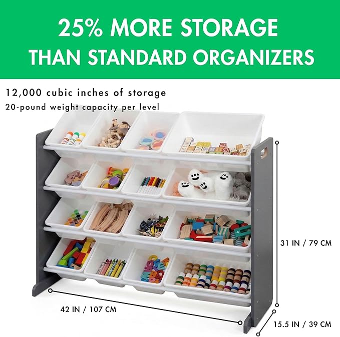 Humble Crew Toy Storage Organizer with 16 Removable Storage Bins for Kids Playroom, 4-Tier Toddler Toy Organization and Storage, Dark Grey/White