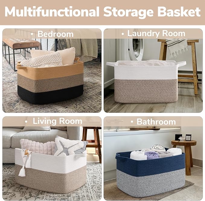 Goodpick Large Blanket Basket 22" x 17" x 12" Woven Storage Baskets for Organizing, Rectangle Cotton Rope Basket for Living Room Bedroom, Toy Baskets Storage Kids, White & Brown
