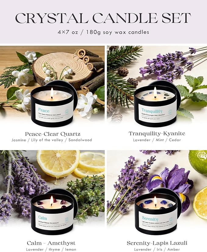 AOOVOO Crystal Calm Candles Set for Women - 4 Pack 26 oz Soy Wax Candles for Home Scented, 200 Hour Long Lasting Candle, Peace Clear Quartz/Tranquility Kyanite/Calm Amethyst/Serenity Lapis Lazuli