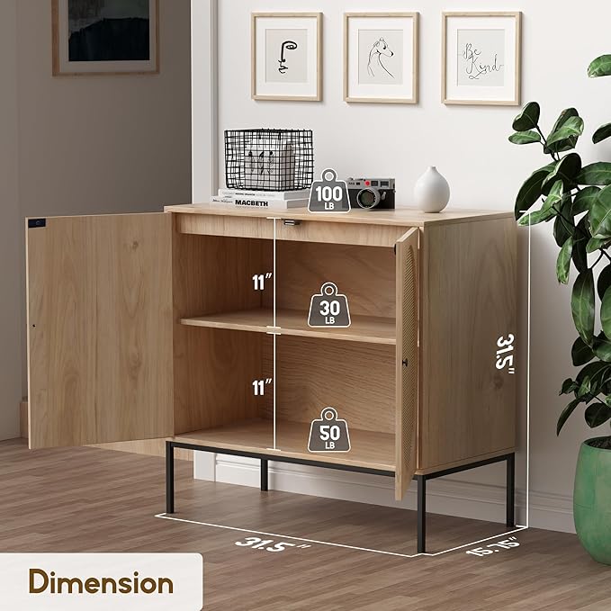 Sideboard Buffet Cabinet with 2 Natural Rattan Decorated Oval Doors, 31.5" W Accent Rattan Cabinet, Boho Credenza Storage Cabinet, for Living Room Dining Room Hallway, Metal Legs, Natural(2 PCS)