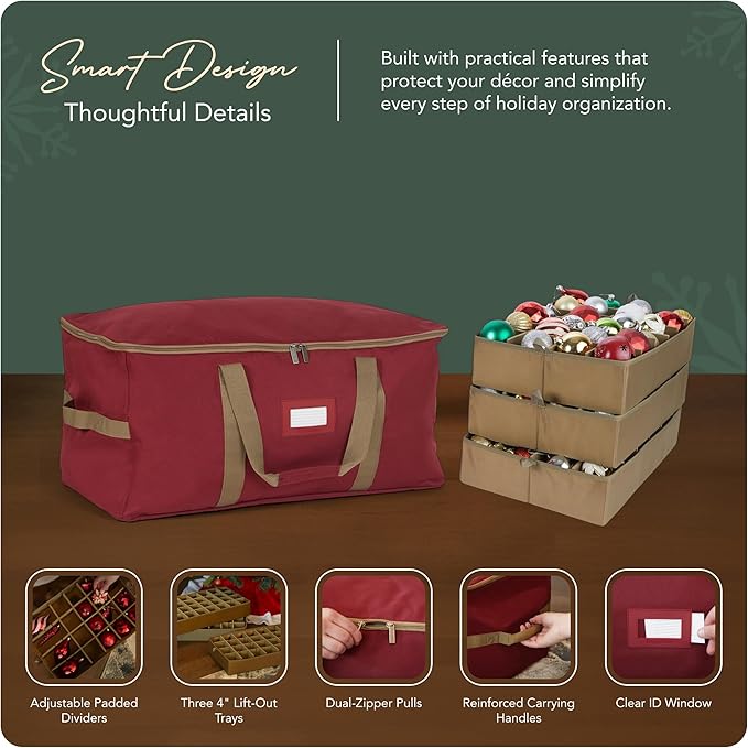 Covermates Keepsakes Adjustable Ornament Storage Bag – Heavy-Duty Polyester, Padded Dividers & FlexGrid Trays – Protective Holiday Ornament Organizer with Handles & Label Window, Red