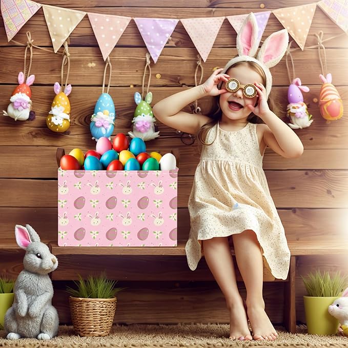 Large Cute Easter Basket for Kid Empty Gift Baby Rectangle Storage Bin Bunny Eggs Boy＆Girl Room Décor (Rabbit Pink Flower Egg)