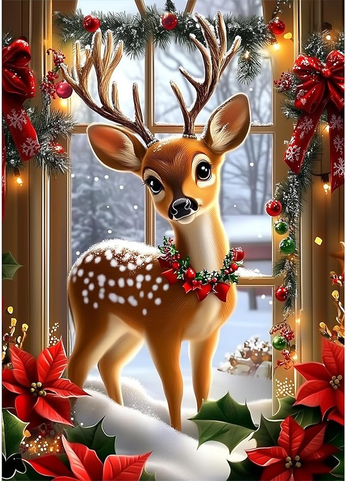 MEIYUDA Christmas Diamond Painting Kits for Adults, 5D Cute Deer Diamond Art Kits for Beginners, DIY Gem Art Crystal Painting for Home Wall Decor and Present 12x16inch