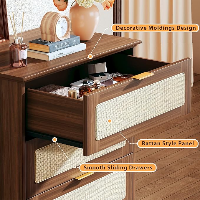HUAHUU 6 Drawer Dresser for Bedroom, 50 Inch Tall Dressers & Rattan Chest of Drawers, Mid Century Style, Wood Modern Dressers Organizer for Bedroom, Living Room, Hallway, Entryway, Walnut
