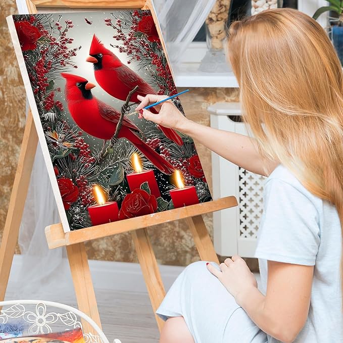 Bowetile Christmas Paint by Numbers for Adults Beginners Framed, Adults' Paint-by-Number Cardinal Kits on Canvas, Acrylic Number Painting Christmas Gifts for Home Wall Decor, 8x12in