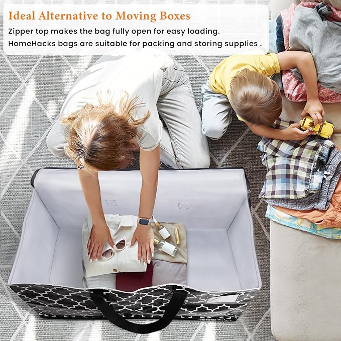 HomeHacks Heavy Duty Moving Bags with Tag Pockets, Collapsible Storage Totes for Moving, Camping & Travel -Foldable Packing Boxes, Zipper Handles, Black（6 Packs, 125L）