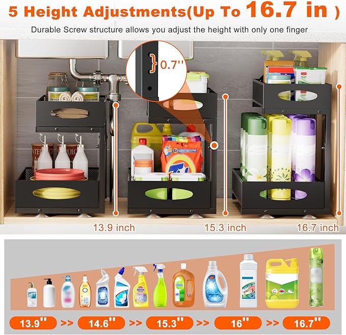 Under Sink Organizer, 2 Packs 2 Tier Under Sink Organizers and Storage, Slide Out Pull Out Cabinet Organizer Shelf, Metal Sliding Drawer for Kitchen Bathroom Pantry Cabinet Closet Organization Rack