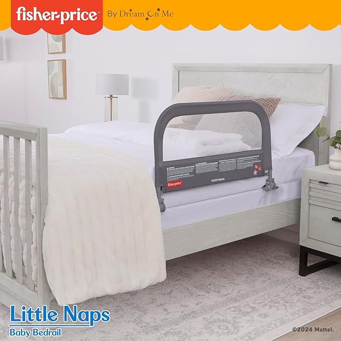 Dream On Me Fisher-Price Little Naps Bed Rail for Toddlers in Grey, Suitable for All Types of Beds, No Tool Assembly for Toddler Bed Rail