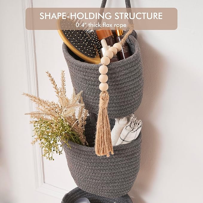Fabric Wall Hanging Organizers - Small Woven Baskets Pouches Set Boho Style Wall Mounted Bag with Adhesive Hook, Storage Decoration Pocket Caddy for Closet Playroom RV Nursery (Gray & Black)