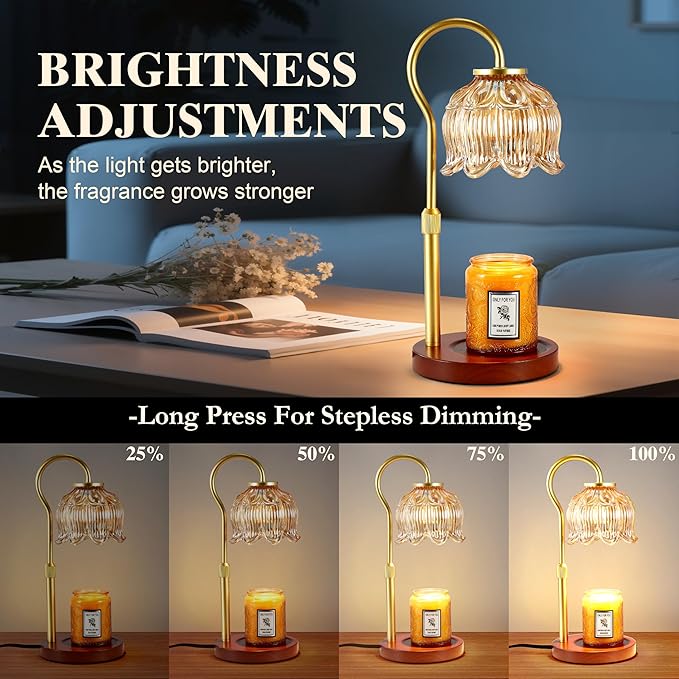 Dreamholder Electric Candle Warmer Lamp with Timer & Dimmer, Adjustable Height Wax Melt Warmer for Jar Candles, Wood Base Candle Melter, Floral Home Decor Gifts for Women, Walnut Gold