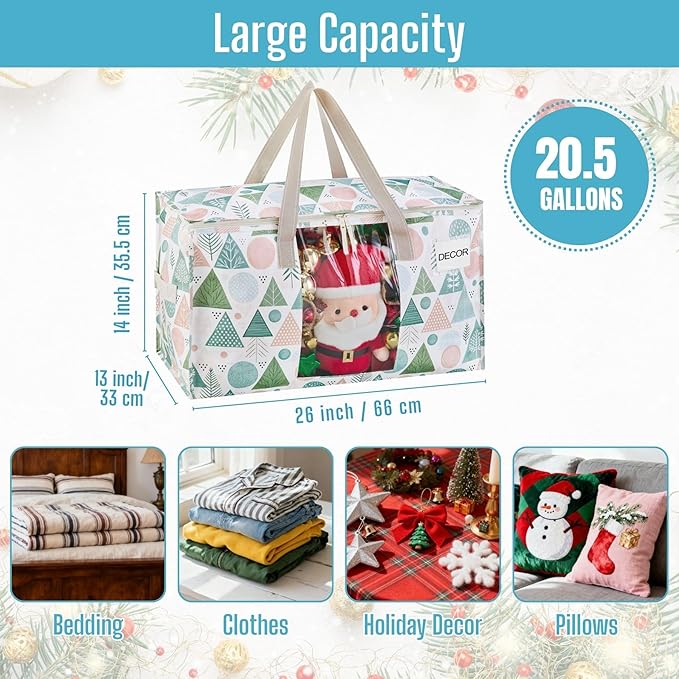VENO 4 Pack Moving Bags, Large Christmas Storage Bins with lids, Packing Supplies for College, Alternative to Moving Boxes, Foldable, Heavy-Duty Tote, Christmas Pattern (Pastel Forest, 4 Pack)