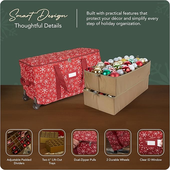 Covermates Keepsakes Rolling Adjustable Ornament Storage Bag – Heavy-Duty Polyester, FlexGrid Trays & Padded Dividers – Protective Holiday Organizer with Wheels, Handles & ID Window, Red Snowflake