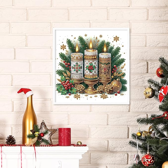 antor Christmas Candle 5D Special Shape Diamond Painting Kits for Adults Beginners, Crystal Rhinestones DIY Christmas Diamond Art Canvas for Home Wall Decoration Gift 12×12 Inch