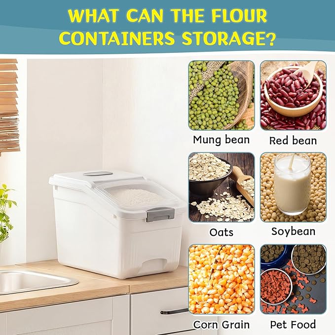 4 Pack Large Rice Storage Containers 30 Lbs Airtight Flour Container with Seal Locking Lid and Measuring Cup Kitchen Dry Food Storage Bins for Cereal Sugar Beans (Creamy White)