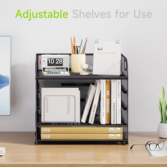 Cawukege 2 Pack 5 Tier Paper Organizer, Letter Tray with Handle, Mesh Desk Organizer, Metal File Organizer, Office Desk Accessories for Home, Office, Classroom, School -Grey