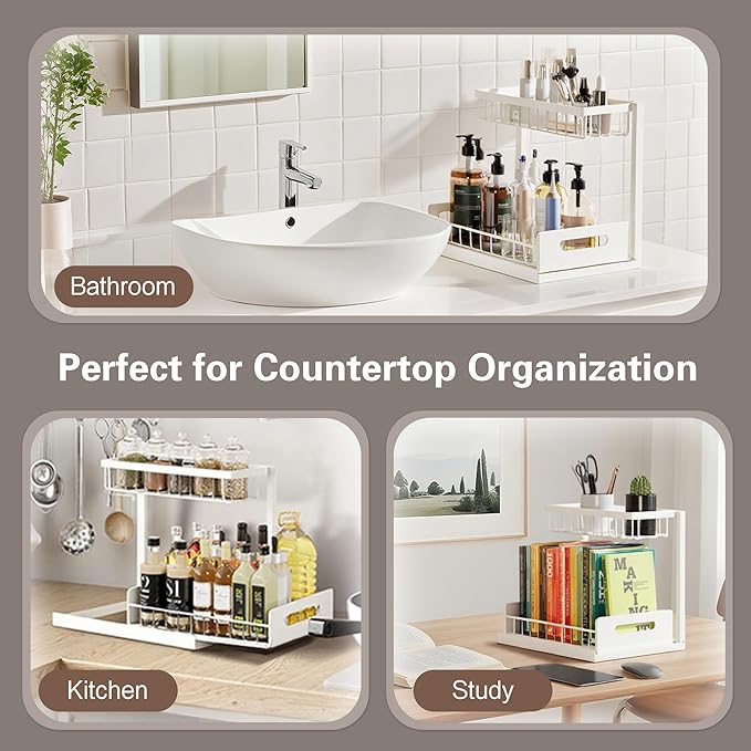 VUSIGN 2 Tier Under Sink Organizer, Slide Out Pull Out Cabinet Organizer, Cabinet Kitchen Bathroom Storage Organization Shelf, 2 Pack, White