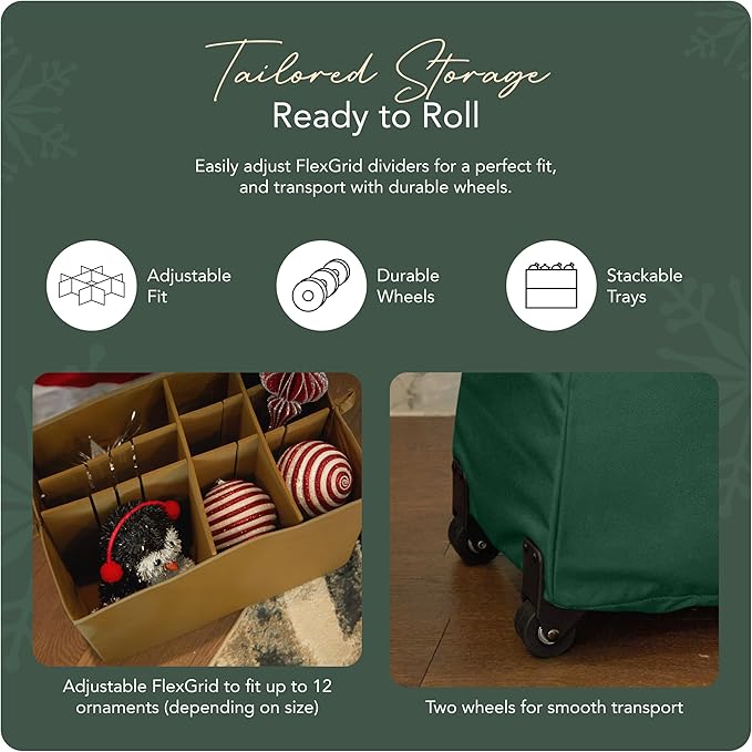 Covermates Keepsakes Rolling Adjustable Ornament Storage Bag – Heavy-Duty Polyester, FlexGrid Trays & Padded Dividers – Protective Holiday Organizer with Wheels, Handles & ID Window, Green