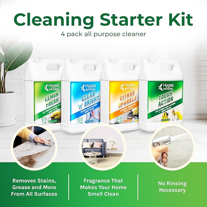 Hygea Natural Cleaning Starter Kit - 1 Gallon - Eco-Friendly Household Cleaners - Degreaser, All Purpose Cleaner, Glass Cleaner, & Tile and Grout Cleaner - Kids & Pet-Friendly (4 Pack)