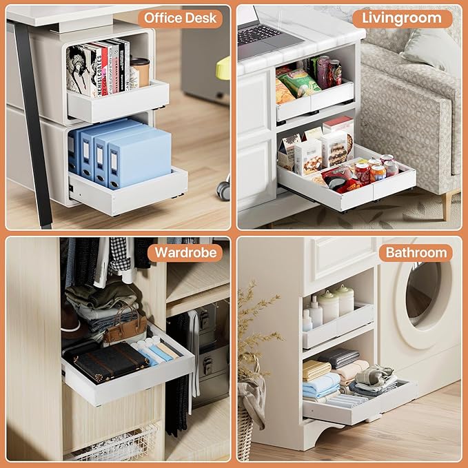 2 Pack Pull out Cabinet Organizer, Width (10"-15") Depth (11"-17"), with 3 Rails Adjustable Slide, Expandable Drawers for Cabinets, No Drill Adhesive Kitchen Drawers for Pantry Shelves white
