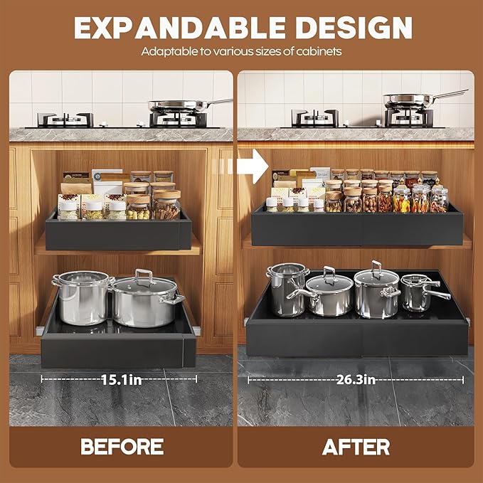 2 Pack Expandable (15.1"-26.3") Pull Out Cabinet Organizer 21" Deep With Raising Pad for Framed Cabinets,Upgrade 3 Slide Rails Slide Out Drawers,No Drill Roll Out Shelves Adhesive,Black