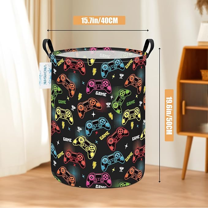 LANGYASHAN Laundry Basket Canvas Fabric Collapsible Organizer Basket for Storage Bin Toy Bins Gift Baskets Bedroom Clothes Children Nursery Hamper (Game)