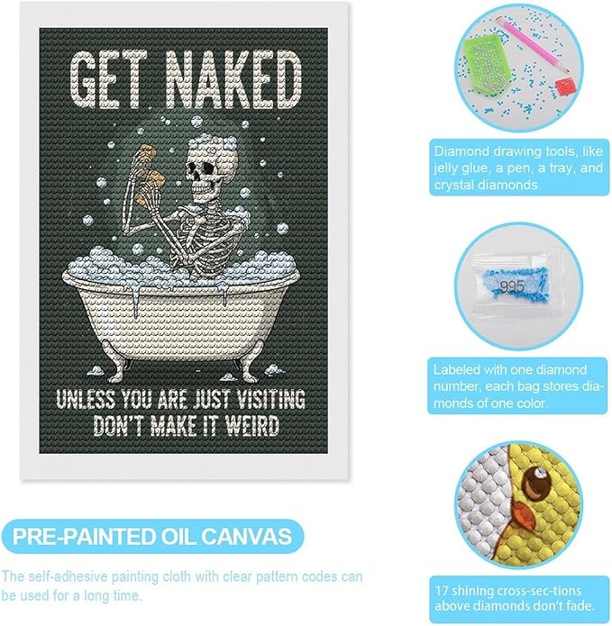 KIVJMSIDJA Skull —Get Naked Unless You are Just Visiting Diamond Painting Kits for Adults,Diamond Art Kits for Beginners 5D Round Diamond 8"x12"