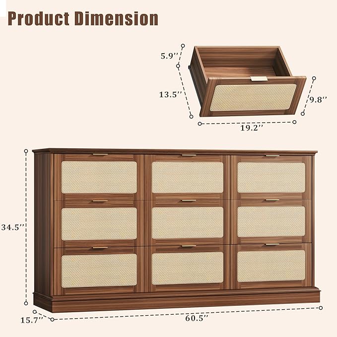 HUAHUU 9 Drawer Dresser for Bedroom, 60 Inch Long Dressers & Rattan Chest of Drawers, Boho Style, Large TV Stand for 55, 65, 70 Inch TV, for Bedroom, Living Room, Entryway, Hallway, Walnut
