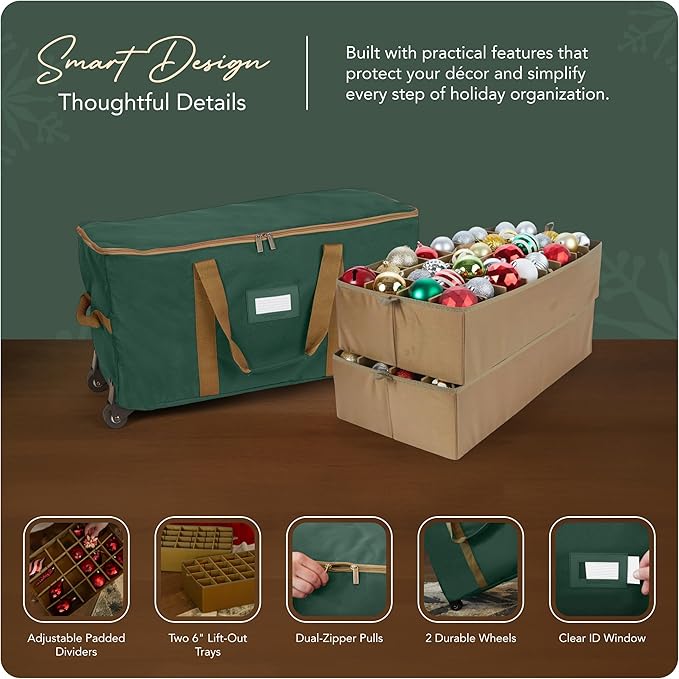 Covermates Keepsakes Rolling Adjustable Ornament Storage Bag – Heavy-Duty Polyester, FlexGrid Trays & Padded Dividers – Protective Holiday Organizer with Wheels, Handles & ID Window, Green