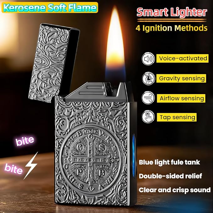 Smart Kerosene Lighter - 4 Ignition Modes (Voice/Gravity/Airflow/Tap), Loud Click & Soft Flame, USB-C Rechargeable and Refillable Lighters with Visible Fuel Window (No Fuel Included)