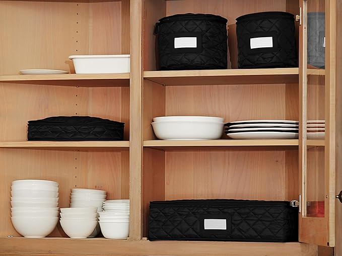 Covermates Keepsakes Dish Storage Set – Padded China & Dinnerware Storage Cases with Dividers, Cup & Stemware Storage, Quilted Polyester Protection, ID Window, Black