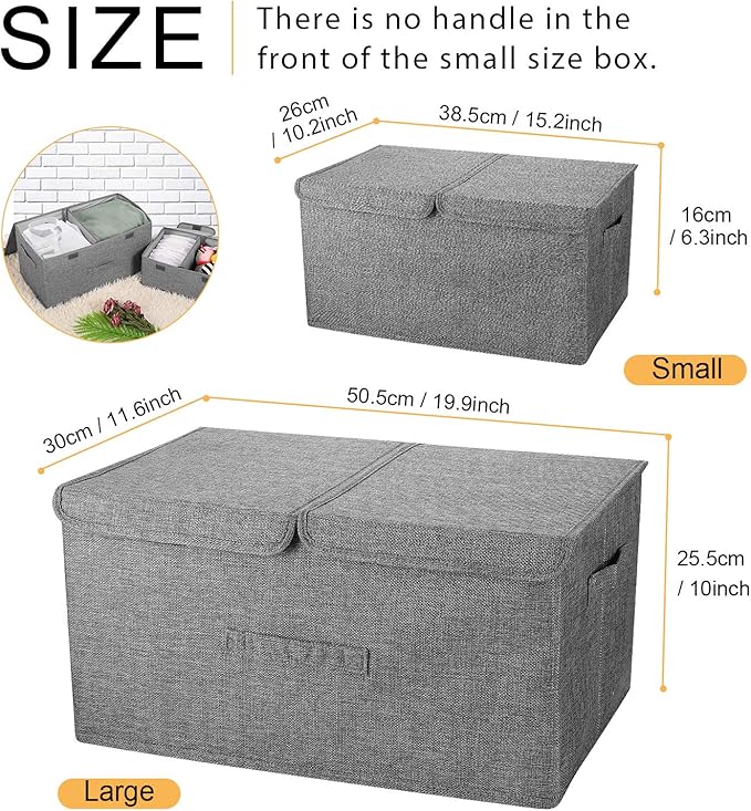 2 Pack Storage Boxes with Lids and Handles, Collapsible Linen Storage Bins Organizer Containers Baskets Cube with Removable Divider for Home Bedroom Closet Office (Grey, Small)