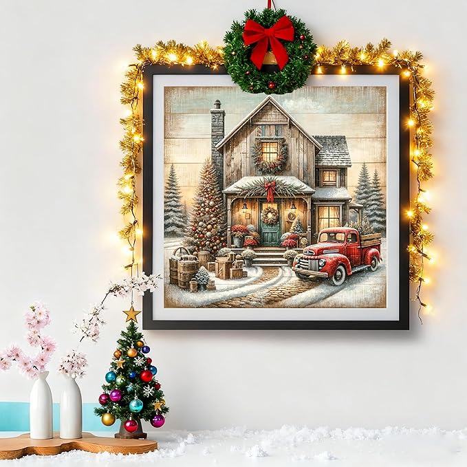 VIGEGU Christmas 5D Diamond Painting Kits for Adults,Christmas Red Truck Diamond Art kit for Beginners,DIY Full Round Drill Diamond Dots with Gem Art Crafts for Home Wall Decor 13.7x13.7 Inch