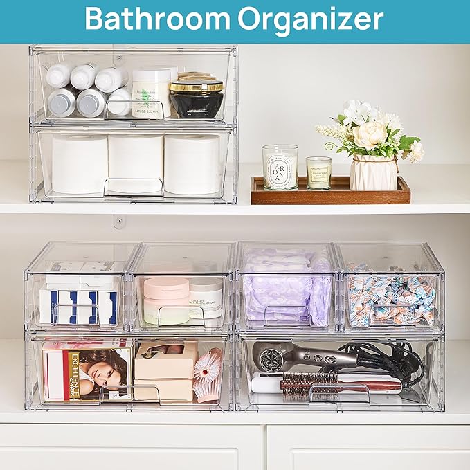 Vtopmart 3 Pack Stackable Storage Drawers, Easily Assemble Acrylic Bathroom Undersink Organizers,Clear Plastic Storage Bins for Closet,Cabinet,Pantry,Medicine Organization