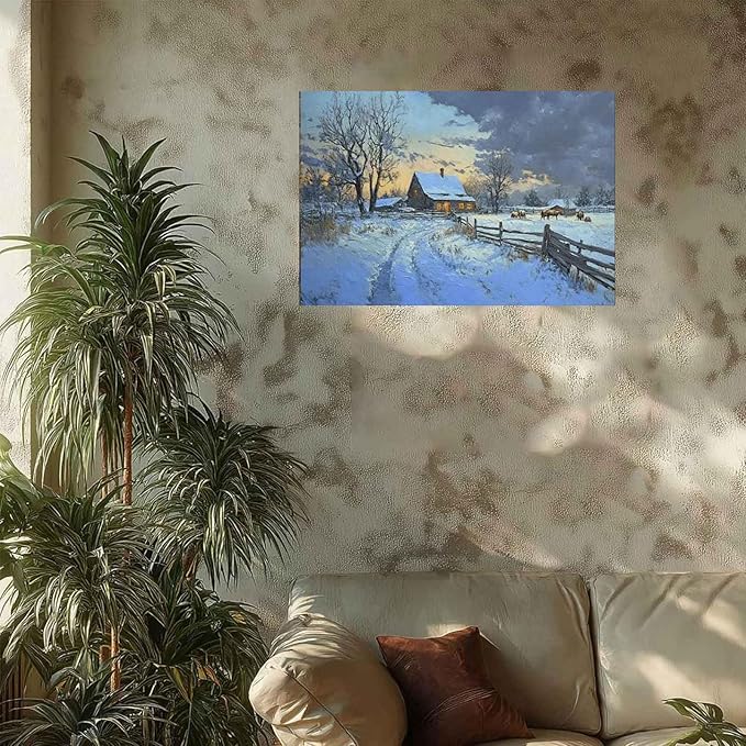 Snowy Farmhouse Cabin with Horses Paint by Numbers for Adults, Rustic Winter Landscape DIY Painting Kit, Cozy Home Decor 24 Colors 16x20 inch Framed