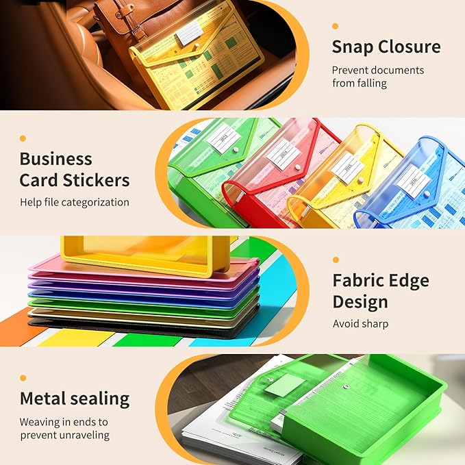 7 Pack Plastic Expanding File Folder, Transparent envelopes with Snap Closure, Fit Legal/B4 Size for School/Office/Home/Hospital, No Dividers, Large Capacity-7 Colors