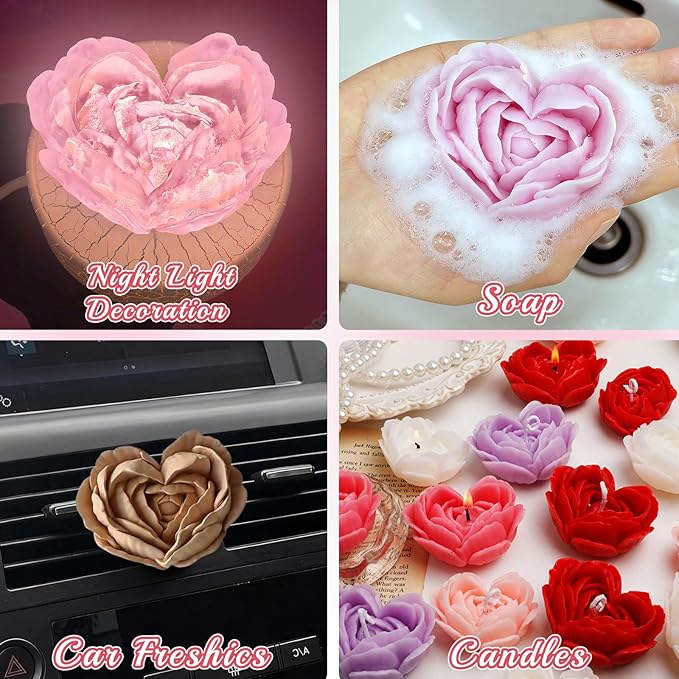 Rose Candle Molds, Love Rose Flower Silicone Molds for Candle Soap Making DIY Heart Epoxy Resin Casting Valentine’s Day Mother’s Day Gift