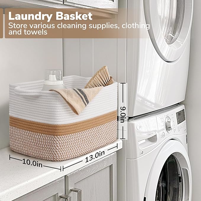 Goodpick Woven Storage Baskets for Organizing, Cotton Rope Organizer for Home Decor, 13"x10"x9" Gift Baskets Empty for Kids, Rectangle Laundry Basket with Handles, White & Camel Mix