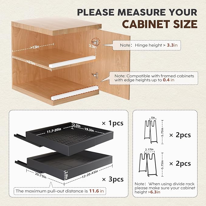 Seinloes 4Pack Expandable Pull Out Cabinet Organizer 21"Deep With Raising Pad for Framed Cabinets,Slide Out Drawers with 4pcs Divider Racks,Roll Out Shelves Adhesive,Adjustable Width 12.05"-20.4"Black