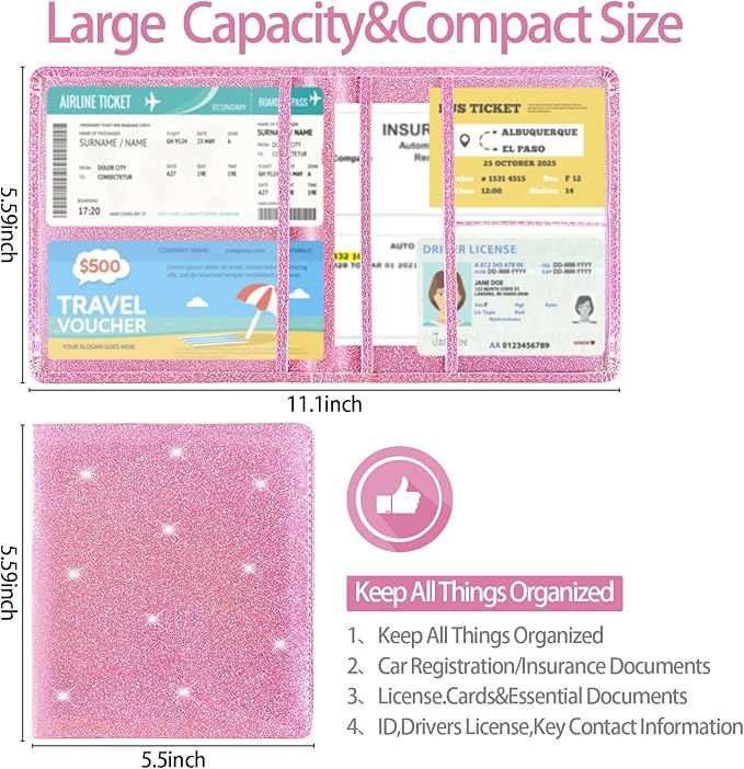Car Registration and Insurance Holder, 5.5 x 5 Inch PU Leather Vehicle Glove Box Organizer Wallet Case Organizer for Insurance Card, Driver License, Essential Document, Paperwork Glitter Hot Pink
