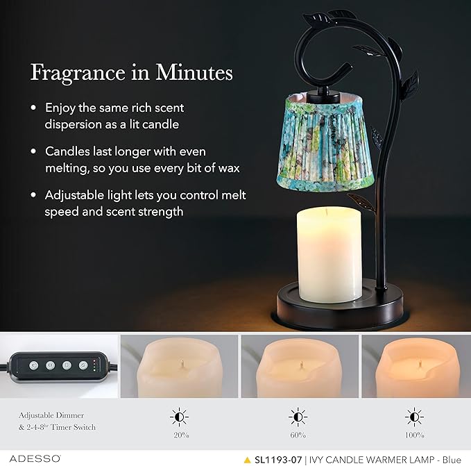 Adesso Candle Warmer Lamp – Flameless Candle Melter with Adjustable Timer & Dimmable Light, Bulb Included, Blue Floral Printed Shade, for Home, Dorm, or Office