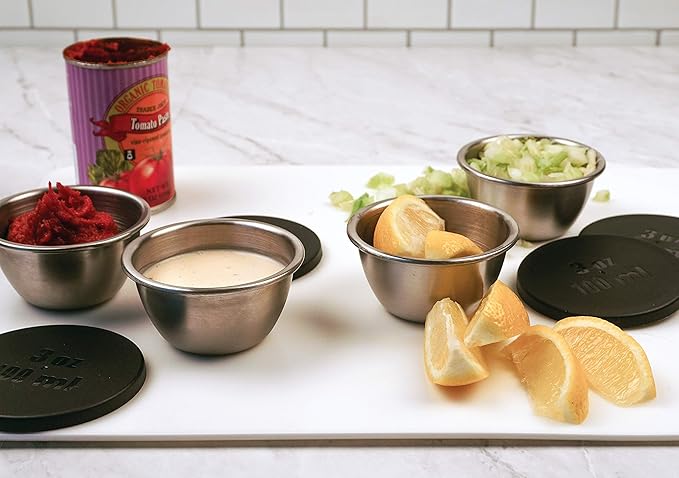 RSVP International Kitchen Prep Bowl Collection, Stainless Steel, Dishwasher Safe, Cup & Lid, 4 Piece, 3-ounce