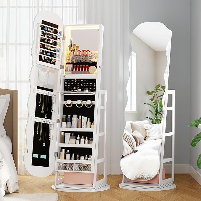 Lvifur 360° Swivel Jewelry Cabinet with Lights,LED Jewelry Organizer with Full Length Mirror, Lockable Wavy Mirror Jewelry Cabinet Standing with Rear Storage Shelves,Makeup Tray,White