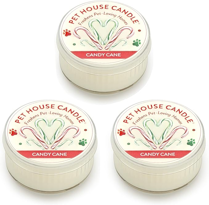 Pet House Mini Candles for Pet Odor Made with Natural Soy Wax, Plant Based, Dog and Cat Friendly Scented Candles, Candy Cane Pack of 3