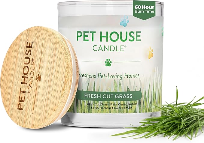 Pet House Candles, 9 oz Fresh Cut Grass Scented Candle, Clean Burning, Long Lasting Plant-Based Pet Friendly Candle, 60 Hour Burn Time