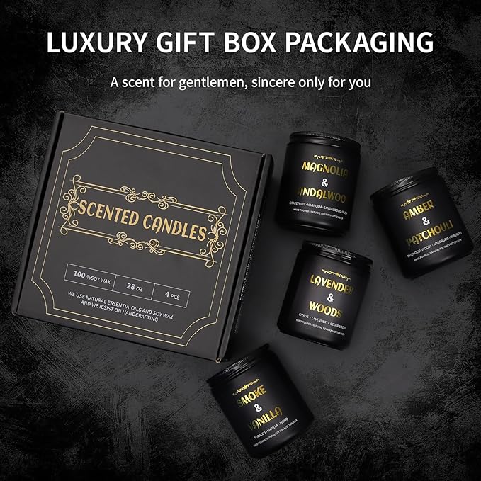 Scented Candles for Men, 4 Pack Mens Candle Gift Set, Relaxation Candles for Home Scented, 28oz Soy Wax Aromatherapy Candles of Lavender/Patchouli/Sandalwood/Smoke & Vanilla