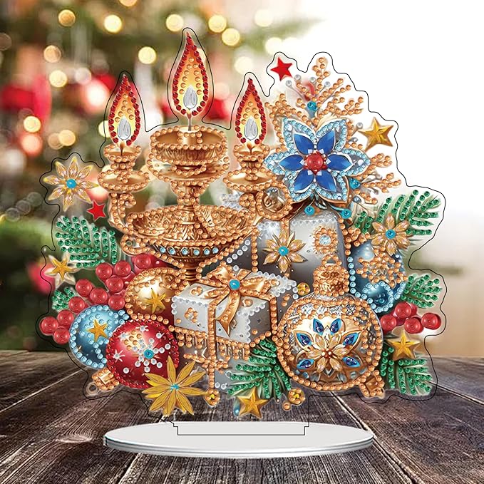ZeeLionArt Tabletop Diamond Art Painting Kit for Adult,Christmas Candles DIY Special Shaped Rhinestone Desk Placement Ornament,Home Stand Up Gem Painting Craft Kit,Gift,Double Sided.