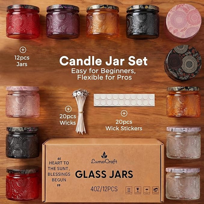 LumaCraft Luxury Embossed Glass Candle Jars for Making Candles - 12 Pack Empty Candle Containers with Airtight Metal Lids, 20 Wicks & 20 Stickers, Colored Glass Jars for Gifts & Decor-4OZ/Mix-Color