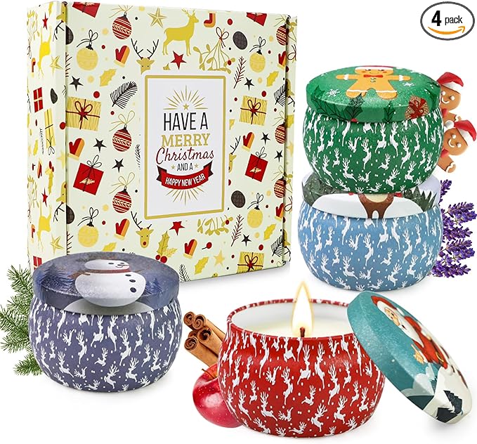 Christmas Candles, 4 Pack Scented Candles, Christmas Gifts for Women, Soy Candles Set, 120H Burning Time, Aromatherapy Candle for Meditation, Yoga, Relaxation, Bath, SPA, Ideal Gifts for Women