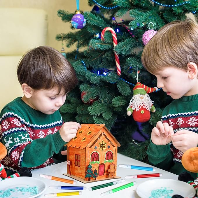 Spiareal 6 Sets DIY Wooden Christmas Gingerbread House Kit with LED Flameless Candles Watercolor Pens Christmas Crafts Wooden Houses to Paint Xmas Tree Ornaments for Fun Activity Art Project