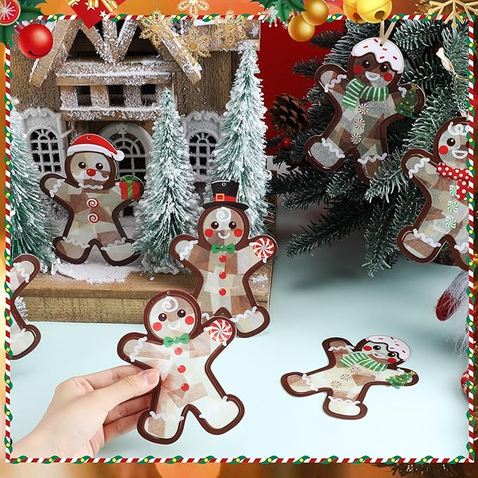 Tinlade 32 Set Christmas Gingerbread Man Suncatchers Craft Kit Xmas DIY Window Stained Glass Tissue Paper Make Your Own Gingerbread Hanging Ornaments Christmas Winter Home School Classroom Activities